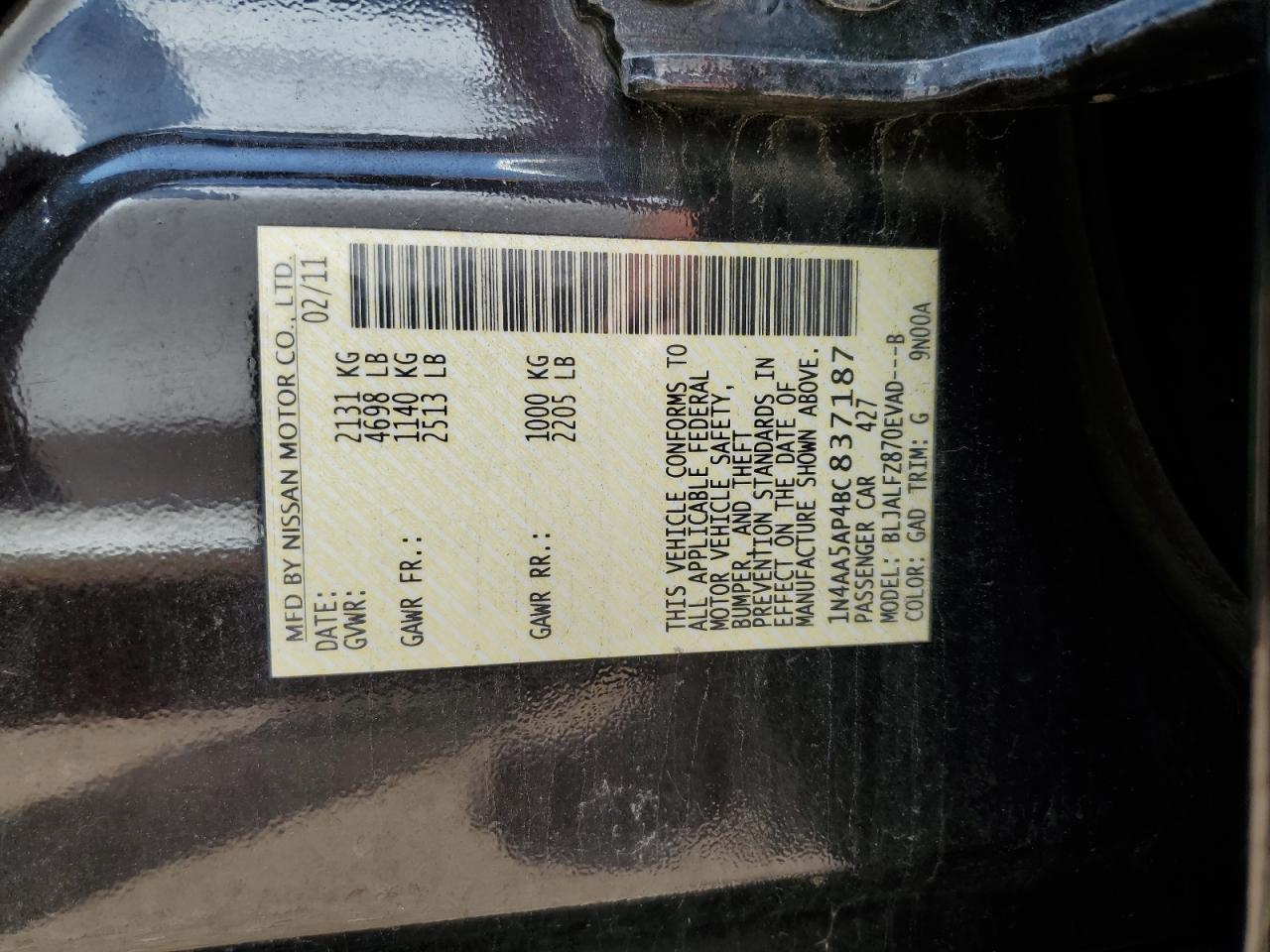 2011 Nissan Maxima S VIN: 1N4AA5AP4BC837187 Lot: 66028045