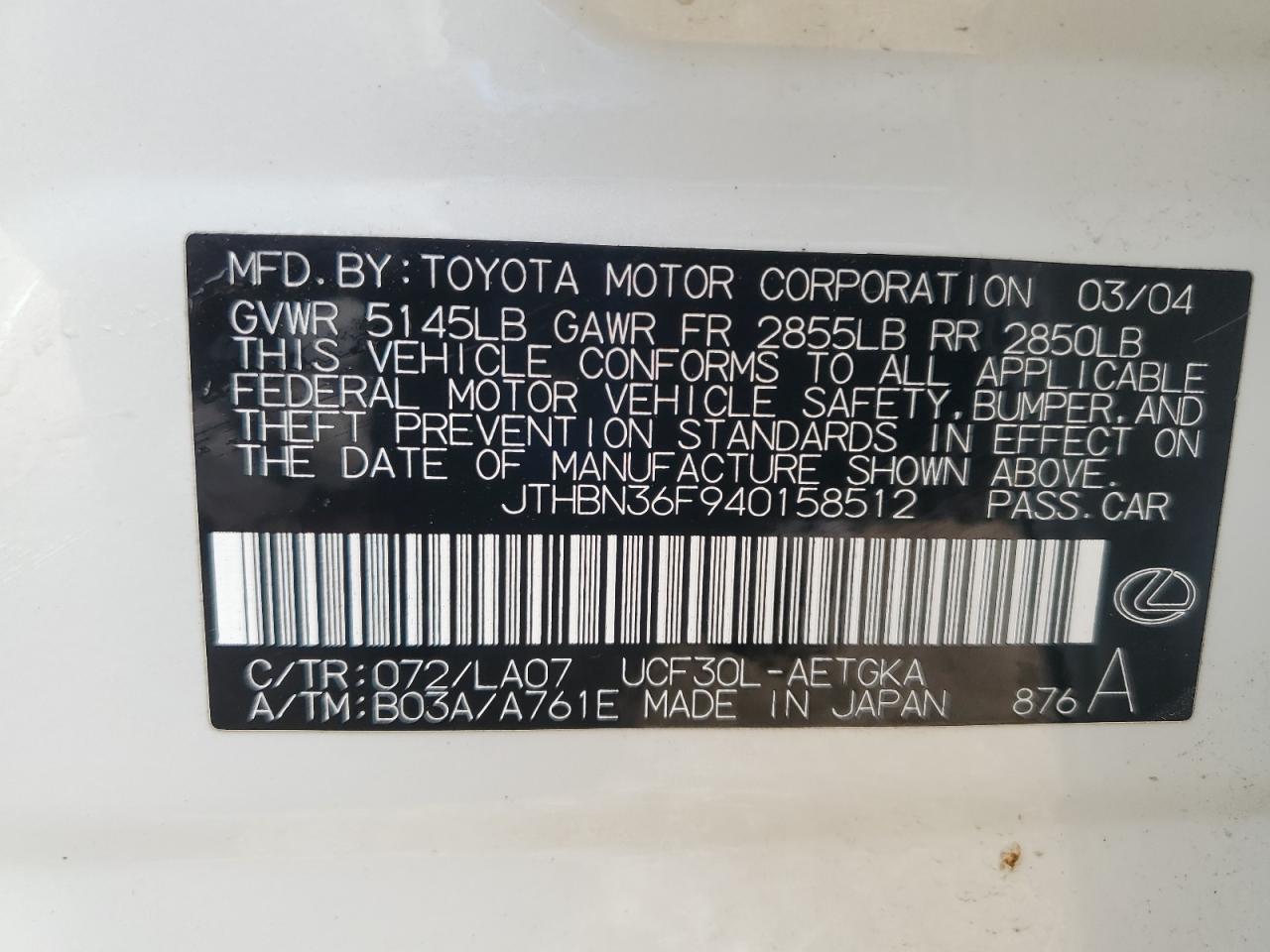 2004 Lexus Ls 430 VIN: JTHBN36F940158512 Lot: 64063555