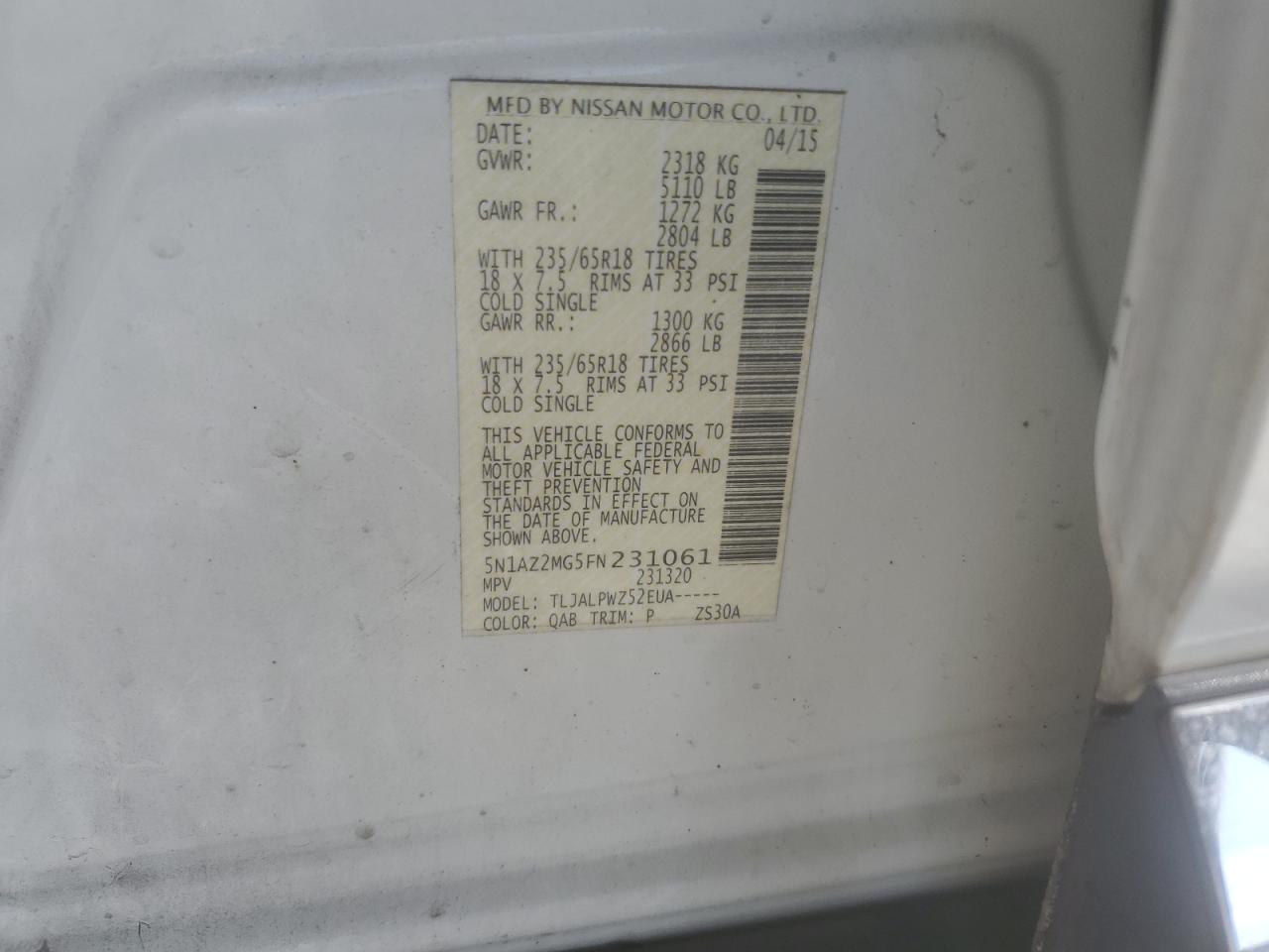 2015 Nissan Murano S VIN: 5N1AZ2MG5FN231061 Lot: 66796455