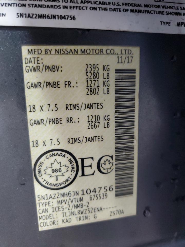 2018 Nissan Murano S VIN: 5N1AZ2MH6JN104756 Lot: 63315315