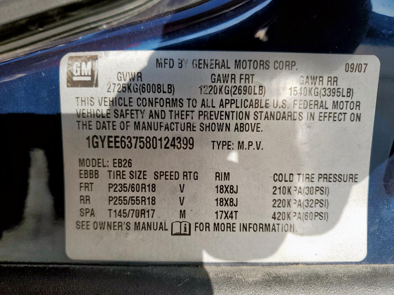 2008 Cadillac Srx VIN: 1GYEE637580124399 Lot: 62743645