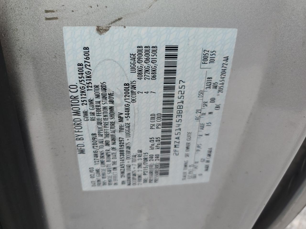 2fmza51453bb15257 2FMZA51453BB15257 2003 Ford Windstar Lx
