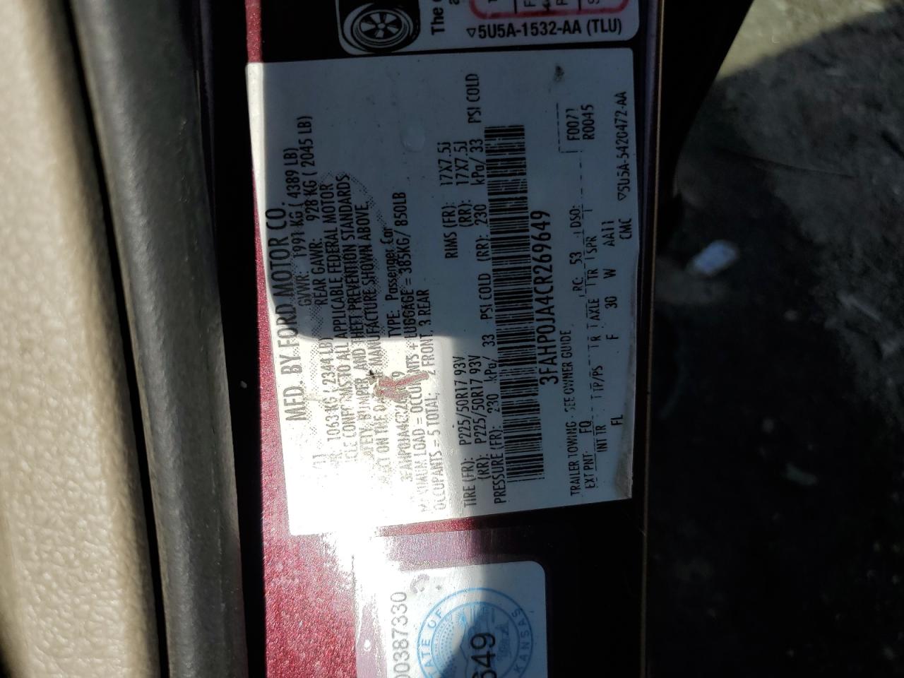 2012 Ford Fusion Sel VIN: 3FAHP0JA4CR269649 Lot: 93717015