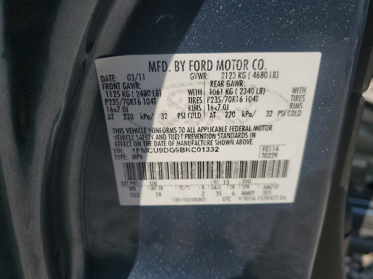 2011 Ford Escape Xlt VIN: 1FMCU9DG9BKC01332 Lot: 64587515