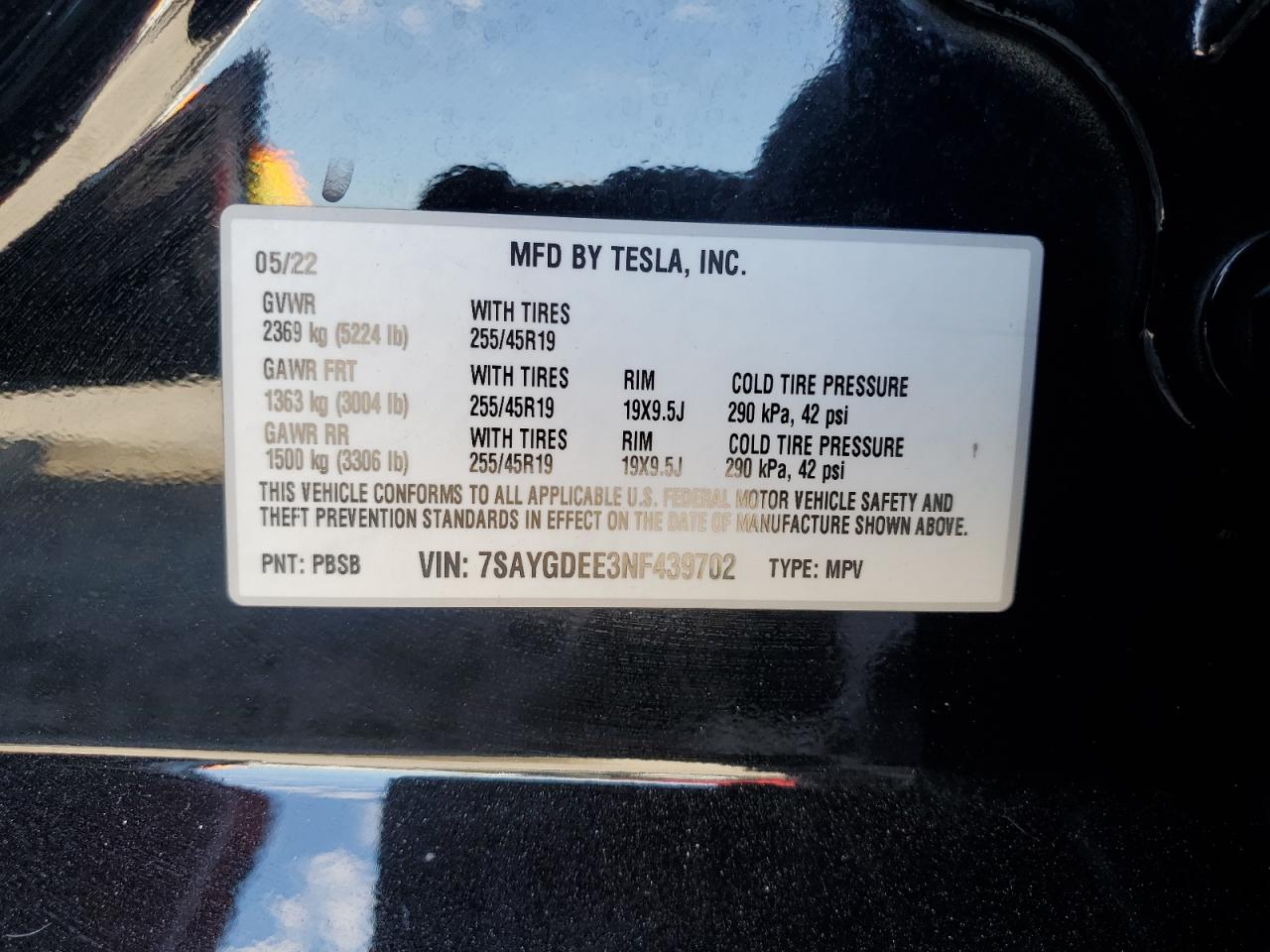 2022 Tesla Model Y VIN: 7SAYGDEE3NF439702 Lot: 65049315