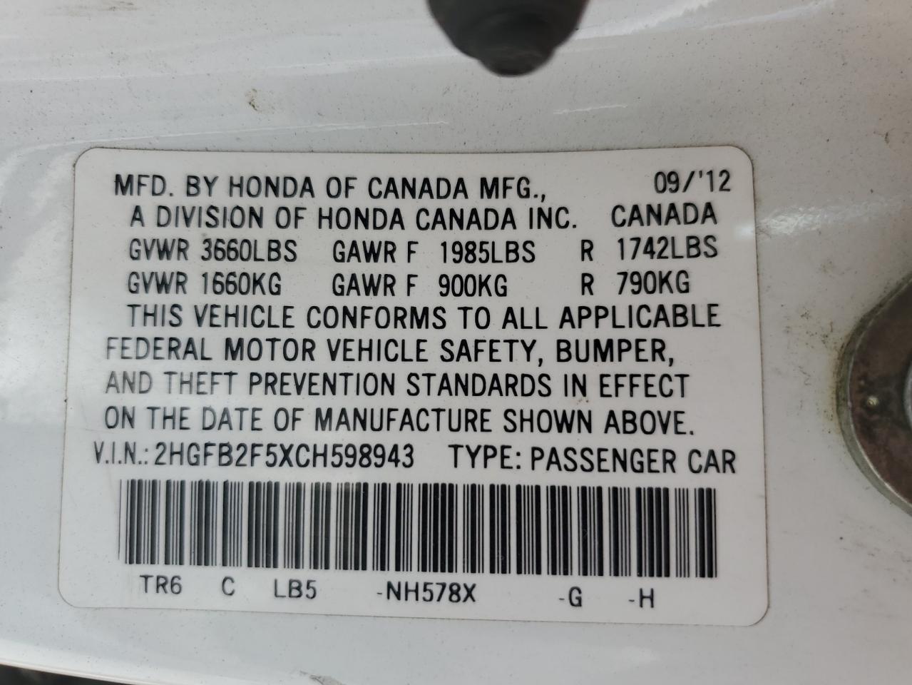 2012 Honda Civic Lx VIN: 2HGFB2F5XCH598943 Lot: 64663825