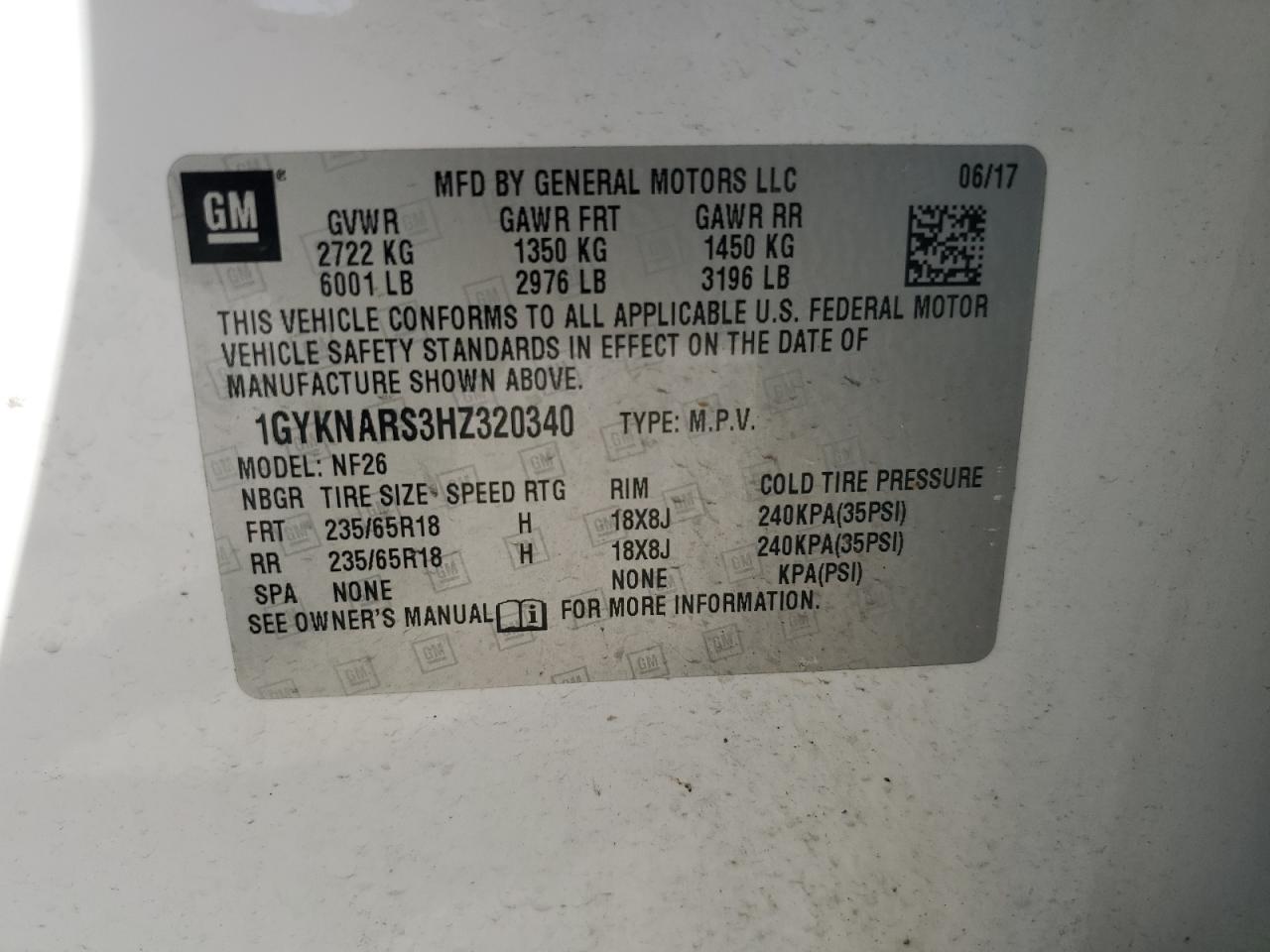 2017 Cadillac Xt5 VIN: 1GYKNARS3HZ320340 Lot: 64635795