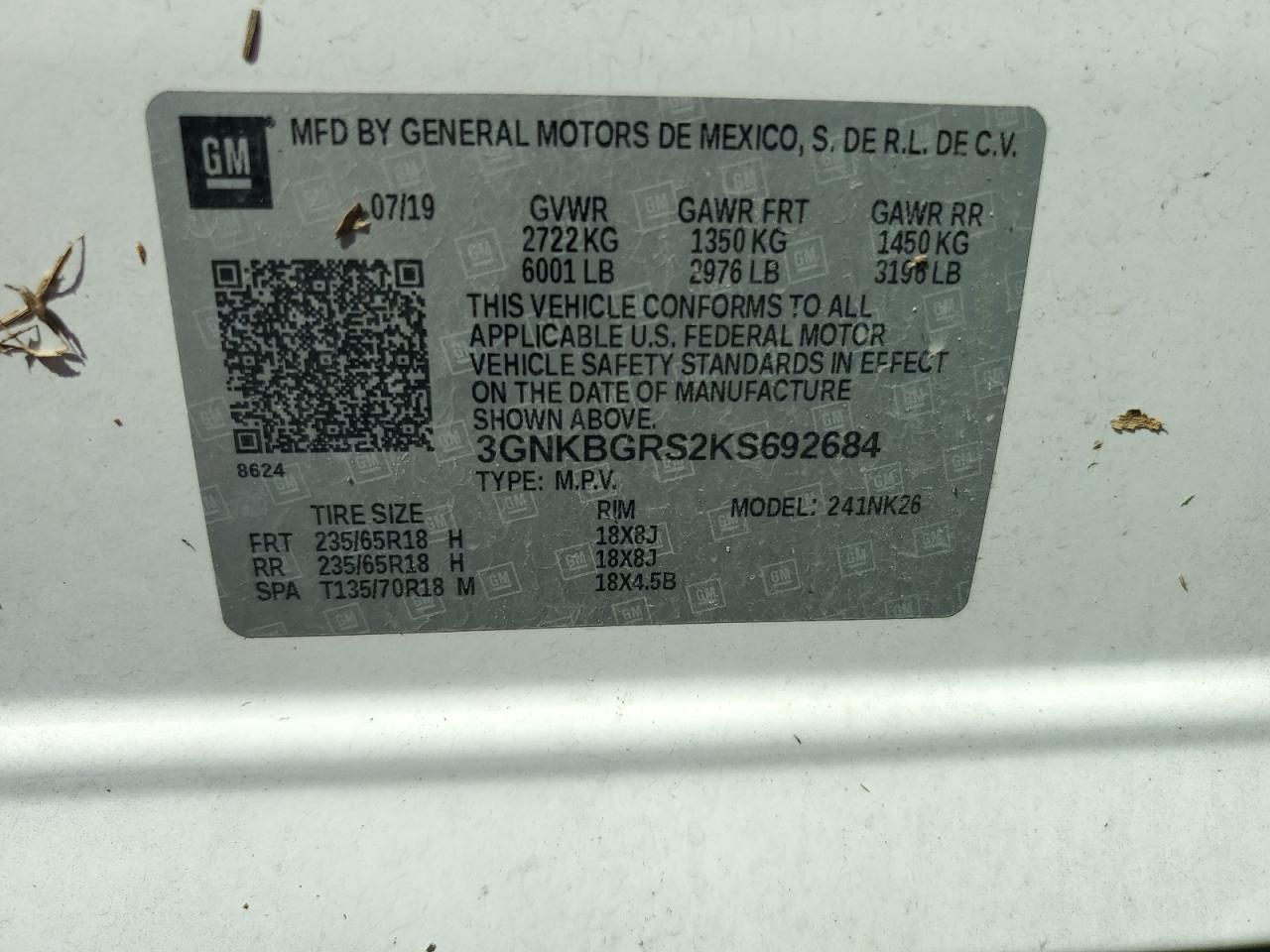 2019 Chevrolet Blazer 2Lt VIN: 3GNKBGRS2KS692684 Lot: 65785535