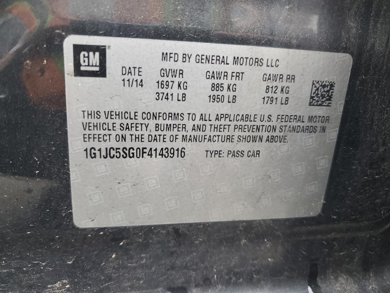 2015 Chevrolet Sonic Lt VIN: 1G1JC5SG0F4143916 Lot: 64608705