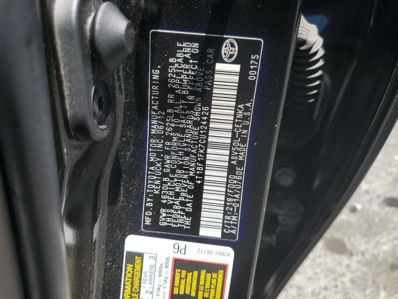2012 Toyota Camry Base VIN: 4T1BF1FK7CU124426 Lot: 65380345