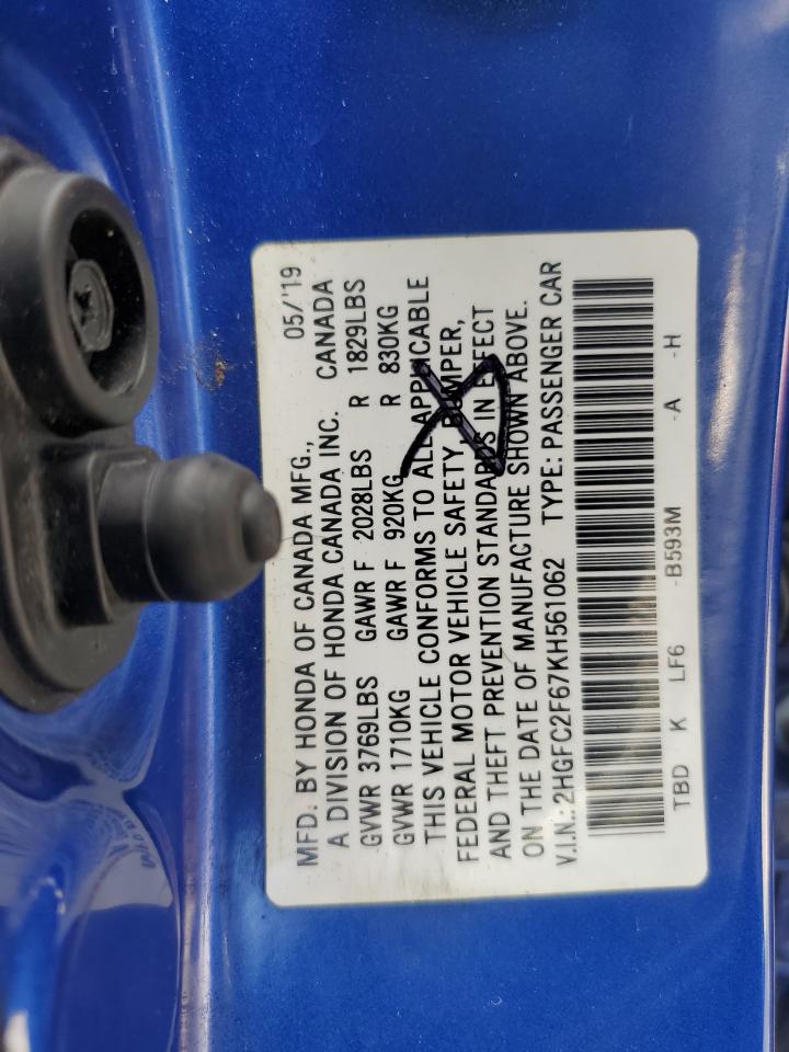 2019 Honda Civic Lx VIN: 2HGFC2F67KH561062 Lot: 65125435