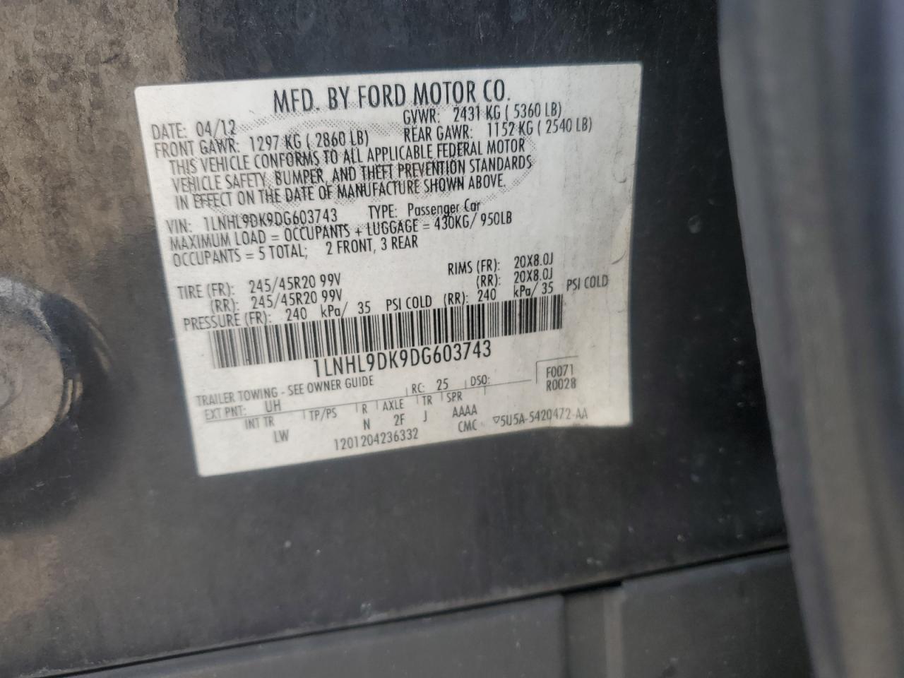 1LNHL9DK9DG603743 2013 Lincoln Mks