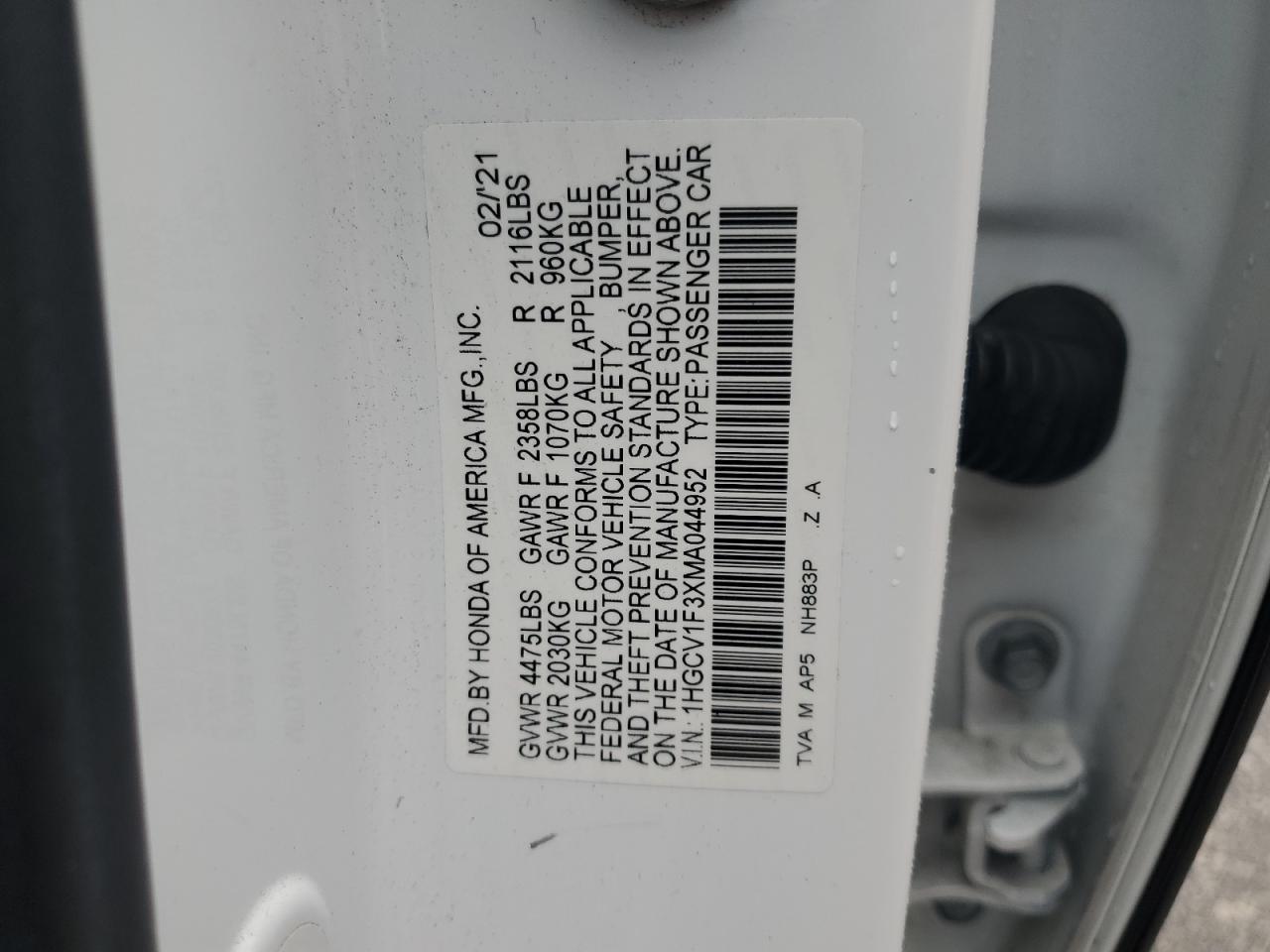 2021 Honda Accord Sport VIN: 1HGCV1F3XMA044952 Lot: 64251805