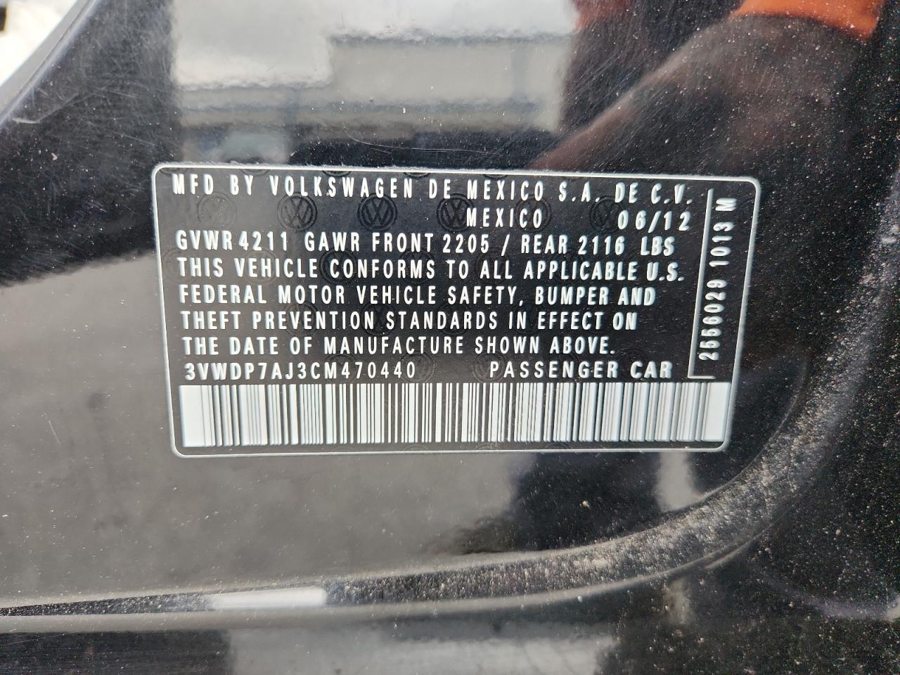2012 Volkswagen Jetta Se VIN: 3VWDP7AJ3CM470440 Lot: 63532885