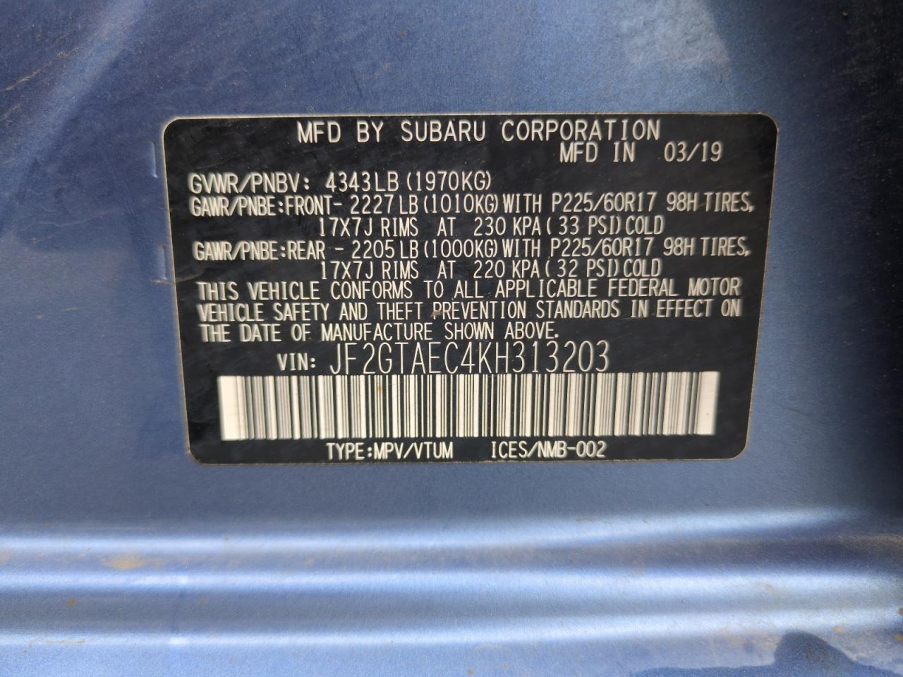 2019 Subaru Crosstrek Premium VIN: JF2GTAEC4KH313203 Lot: 64746025