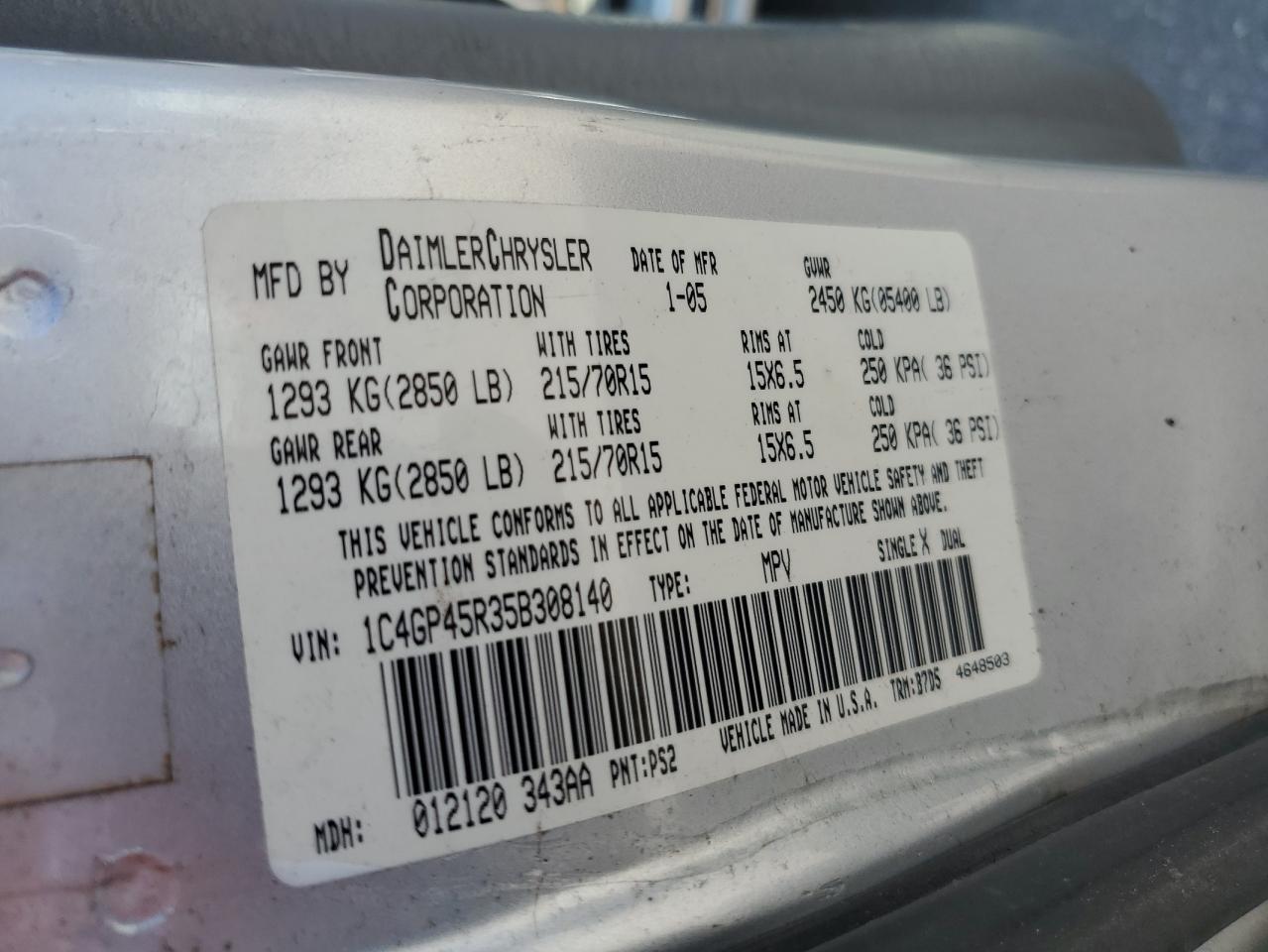 2005 Chrysler Town & Country VIN: 1C4GP45R35B308140 Lot: 64807475