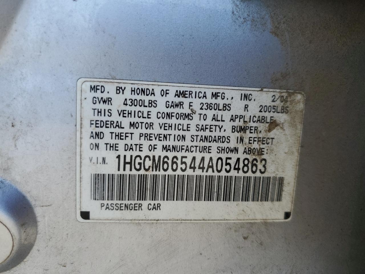 2004 Honda Accord Ex VIN: 1HGCM66544A054863 Lot: 64036165