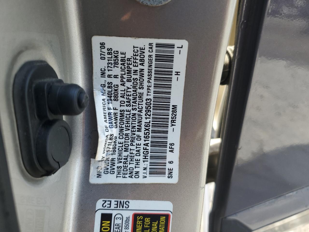 2006 Honda Civic Lx VIN: 1HGFA165X6L129503 Lot: 66251205