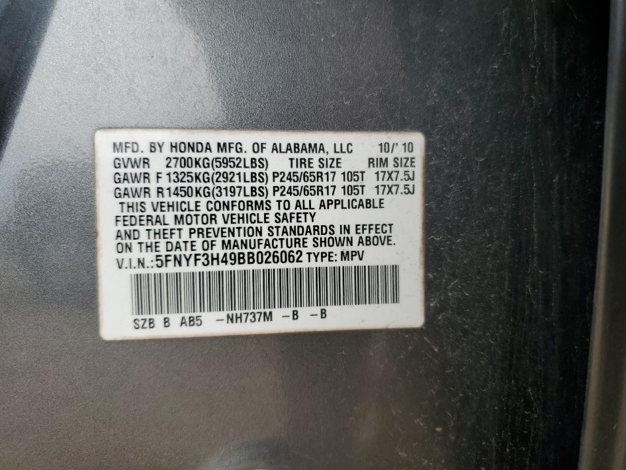 2011 Honda Pilot Ex VIN: 5FNYF3H49BB026062 Lot: 64122515