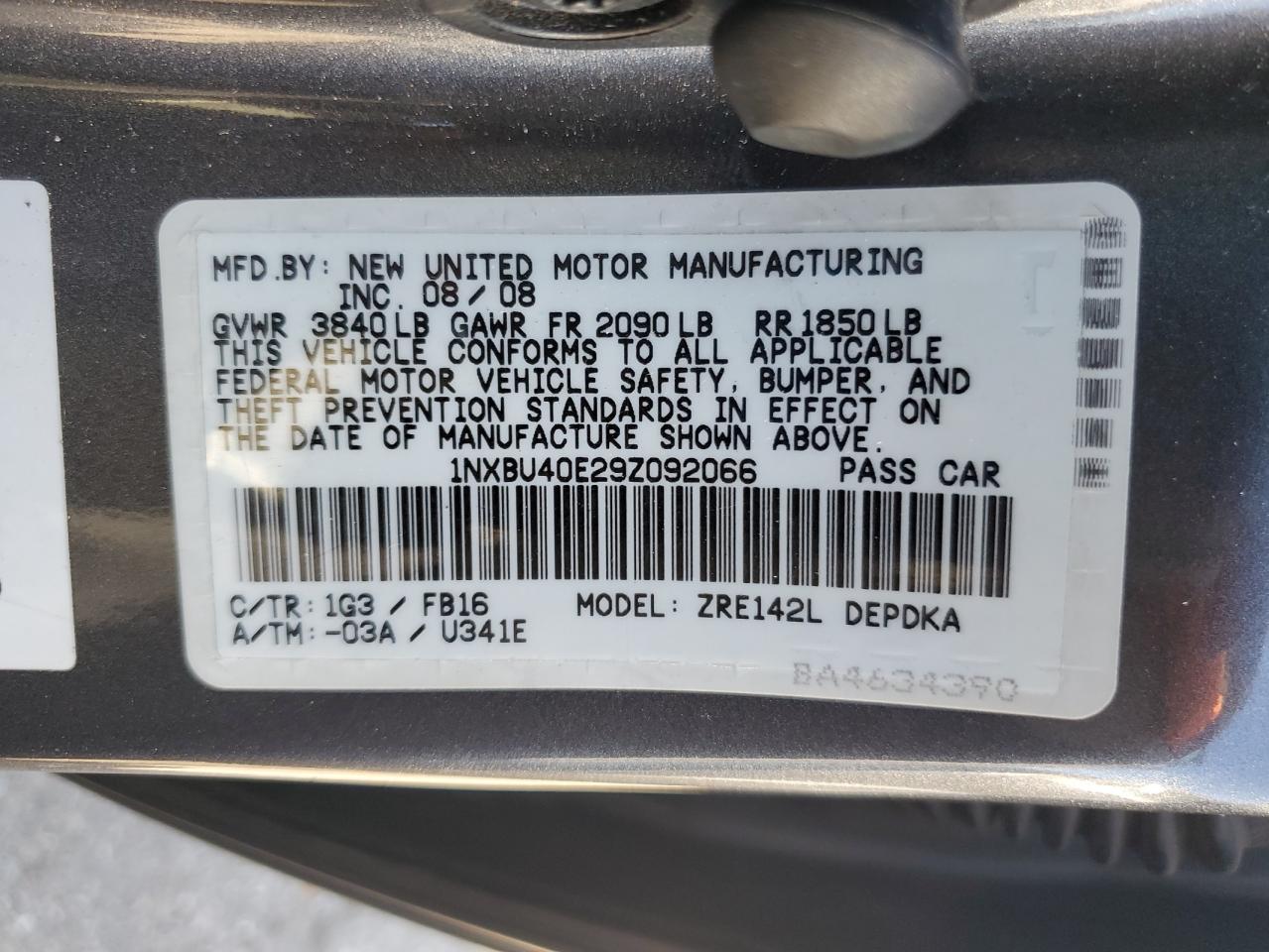 1nxbu40e29z092066 1NXBU40E29Z092066 2009 Toyota Corolla Base