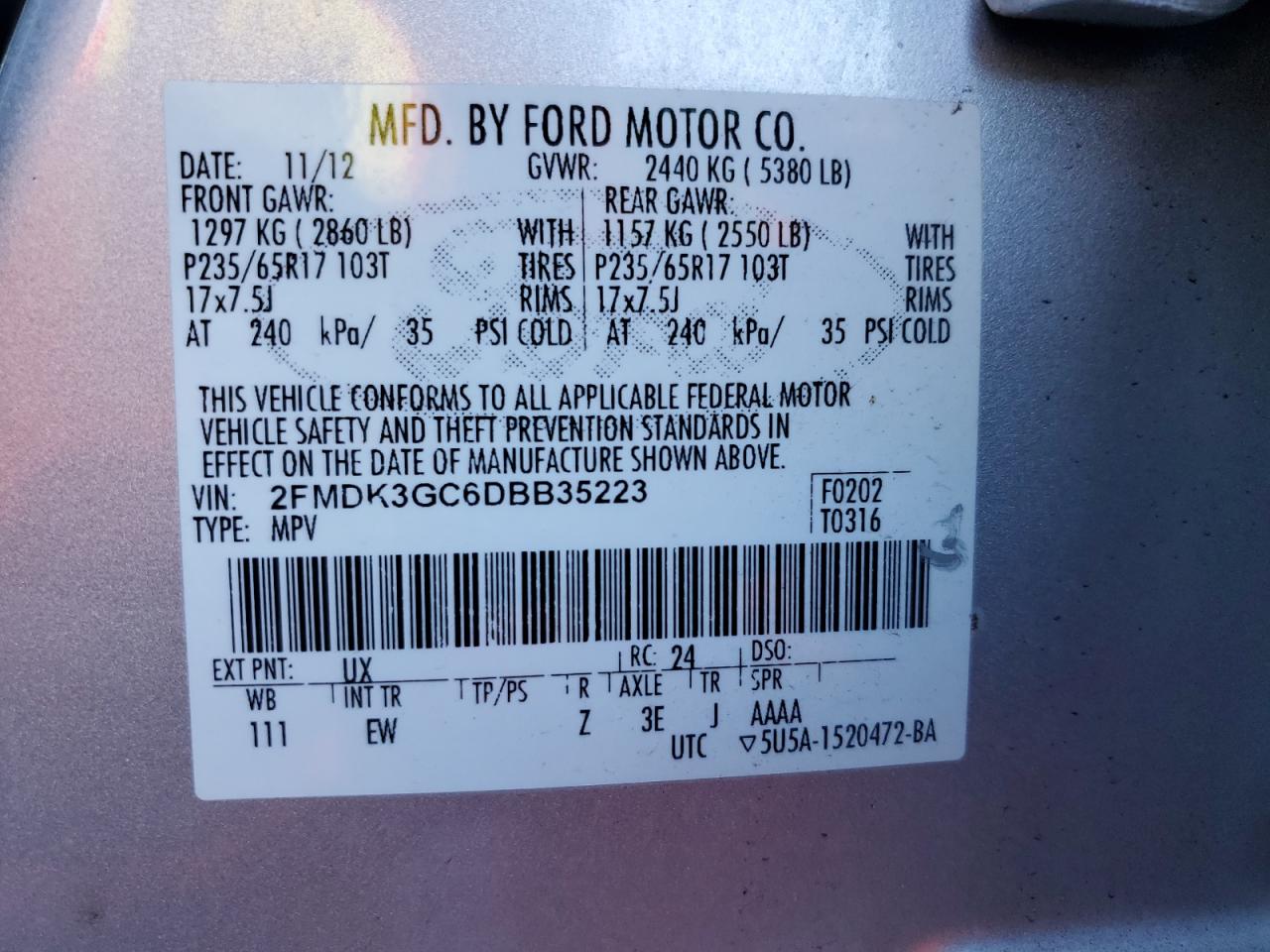 2013 Ford Edge Se VIN: 2FMDK3GC6DBB35223 Lot: 65051945