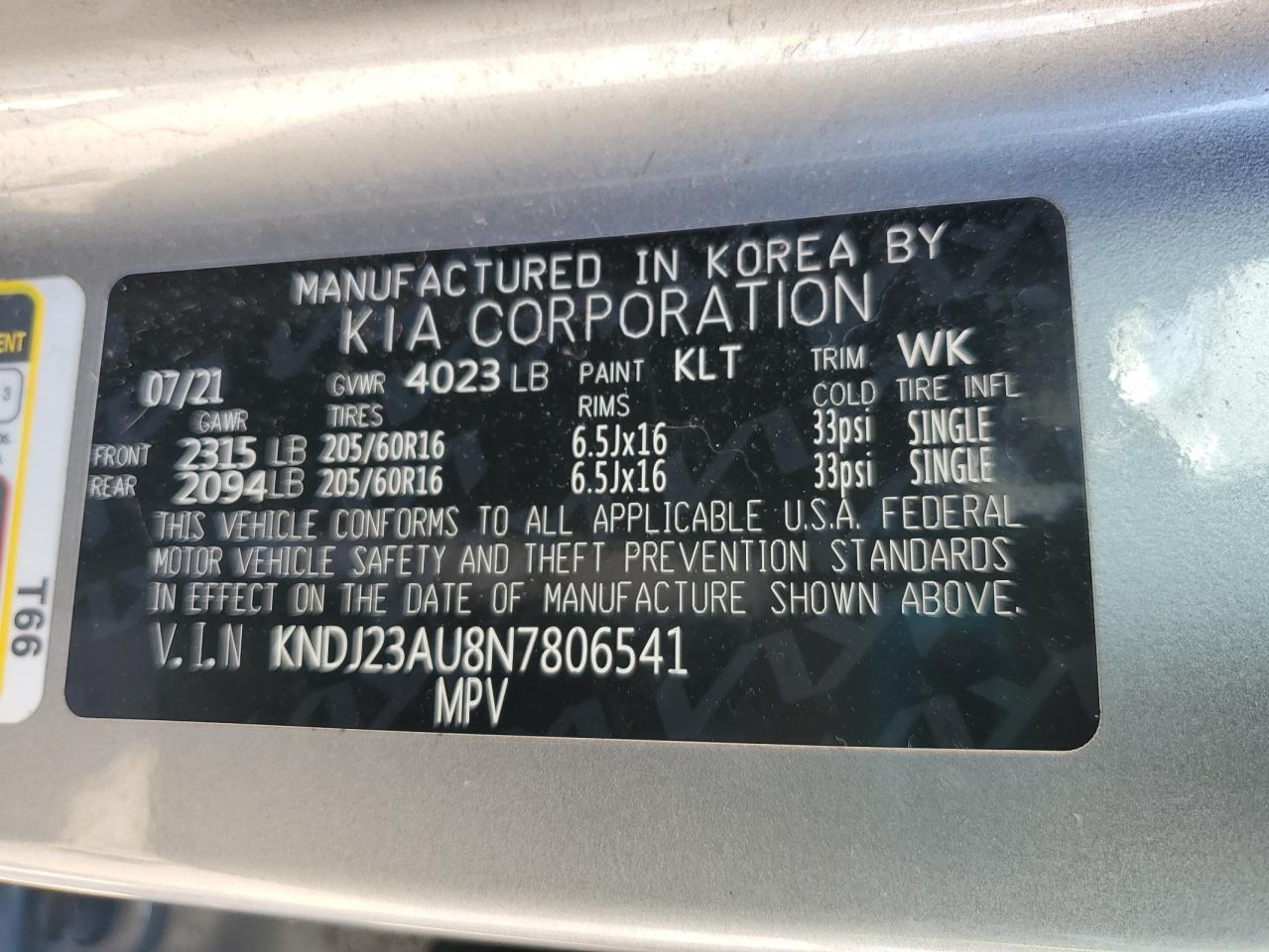 2022 Kia Soul Lx VIN: KNDJ23AU8N7806541 Lot: 63049095