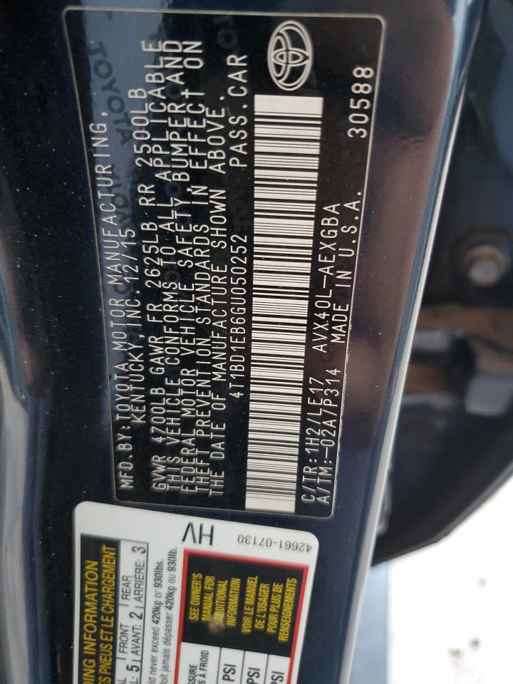 2016 Toyota Avalon Hybrid VIN: 4T1BD1EB6GU050252 Lot: 63273535