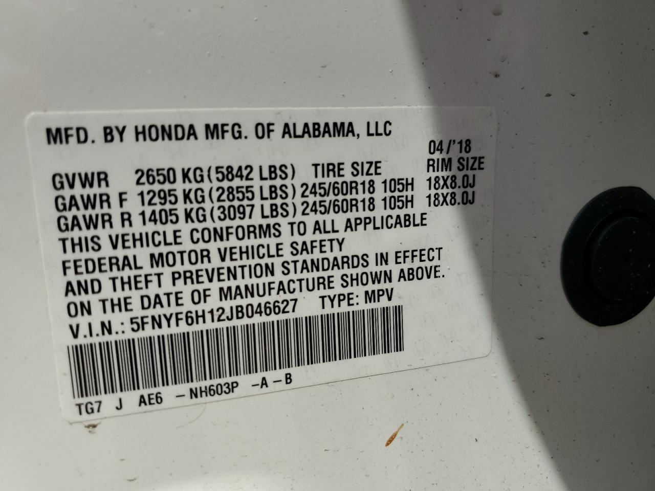 2018 Honda Pilot Lx VIN: 5FNYF6H12JB046627 Lot: 65638735