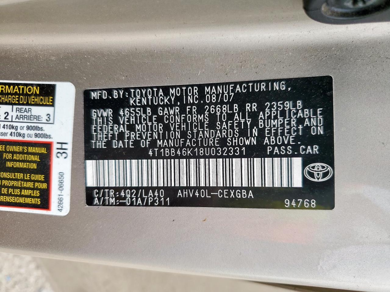 2008 Toyota Camry Hybrid VIN: 4T1BB46K18U032331 Lot: 62030655