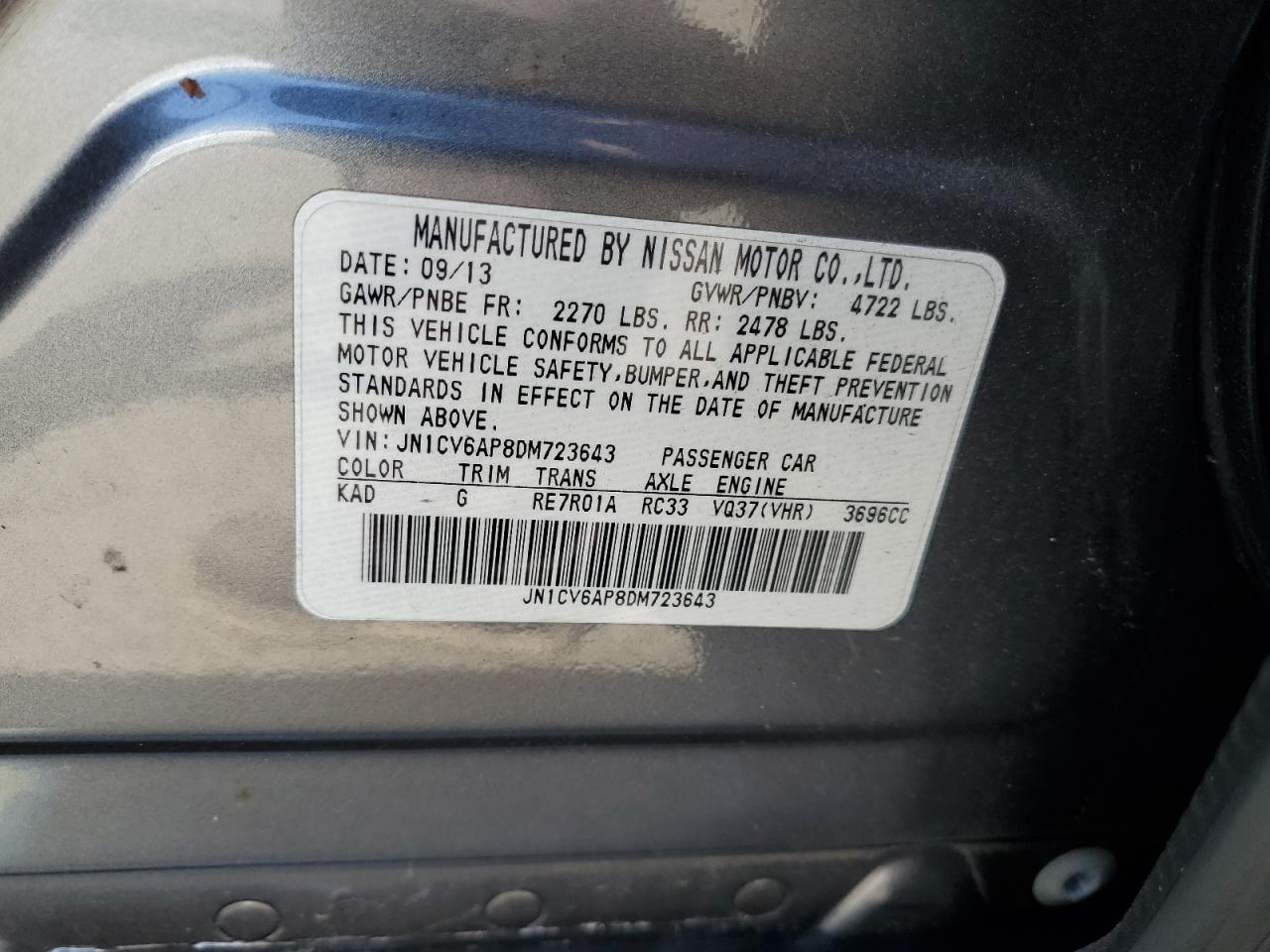 2013 Infiniti G37 Base VIN: JN1CV6AP8DM723643 Lot: 64502245