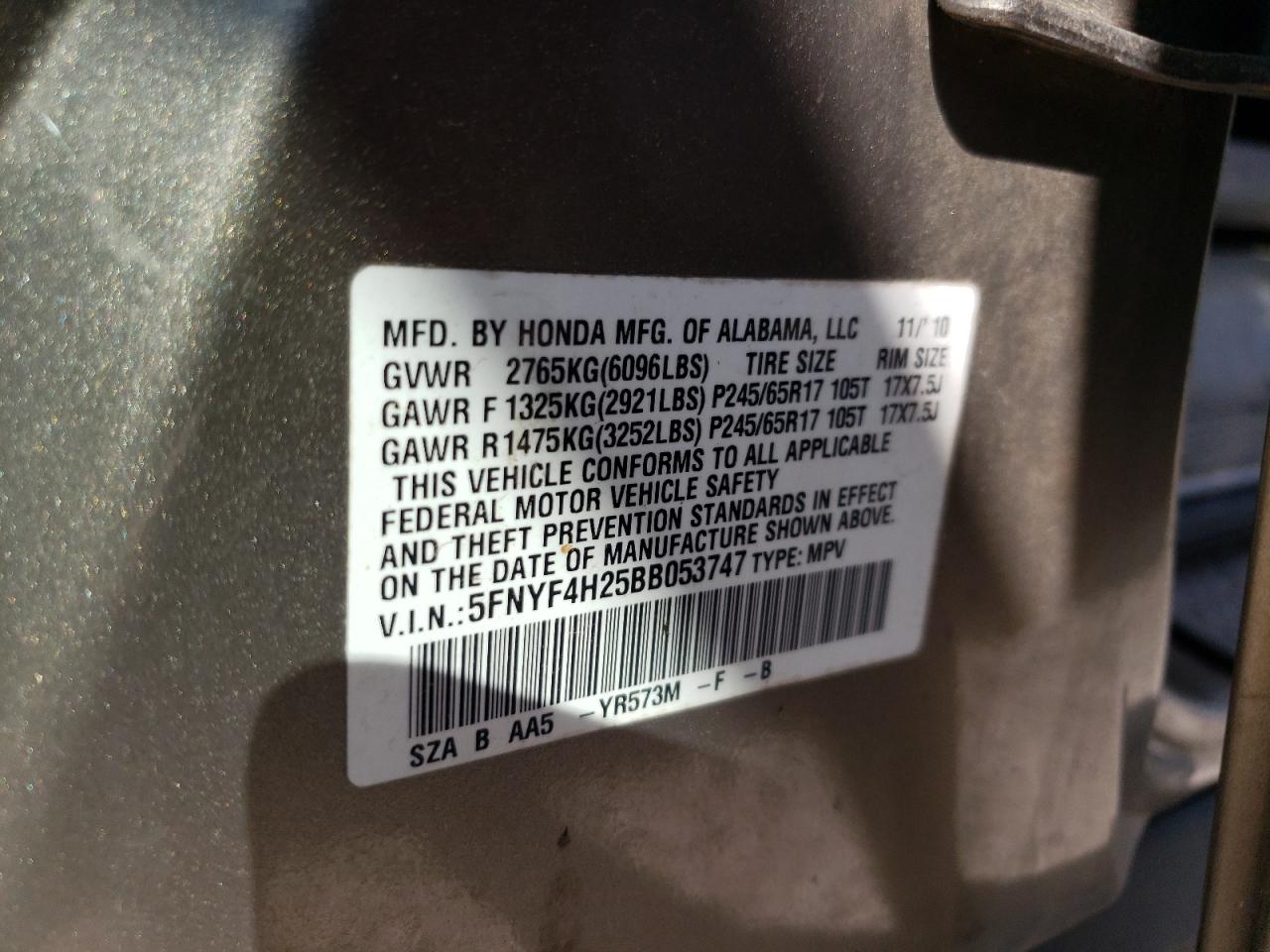 2011 Honda Pilot Lx VIN: 5FNYF4H25BB053747 Lot: 64878495