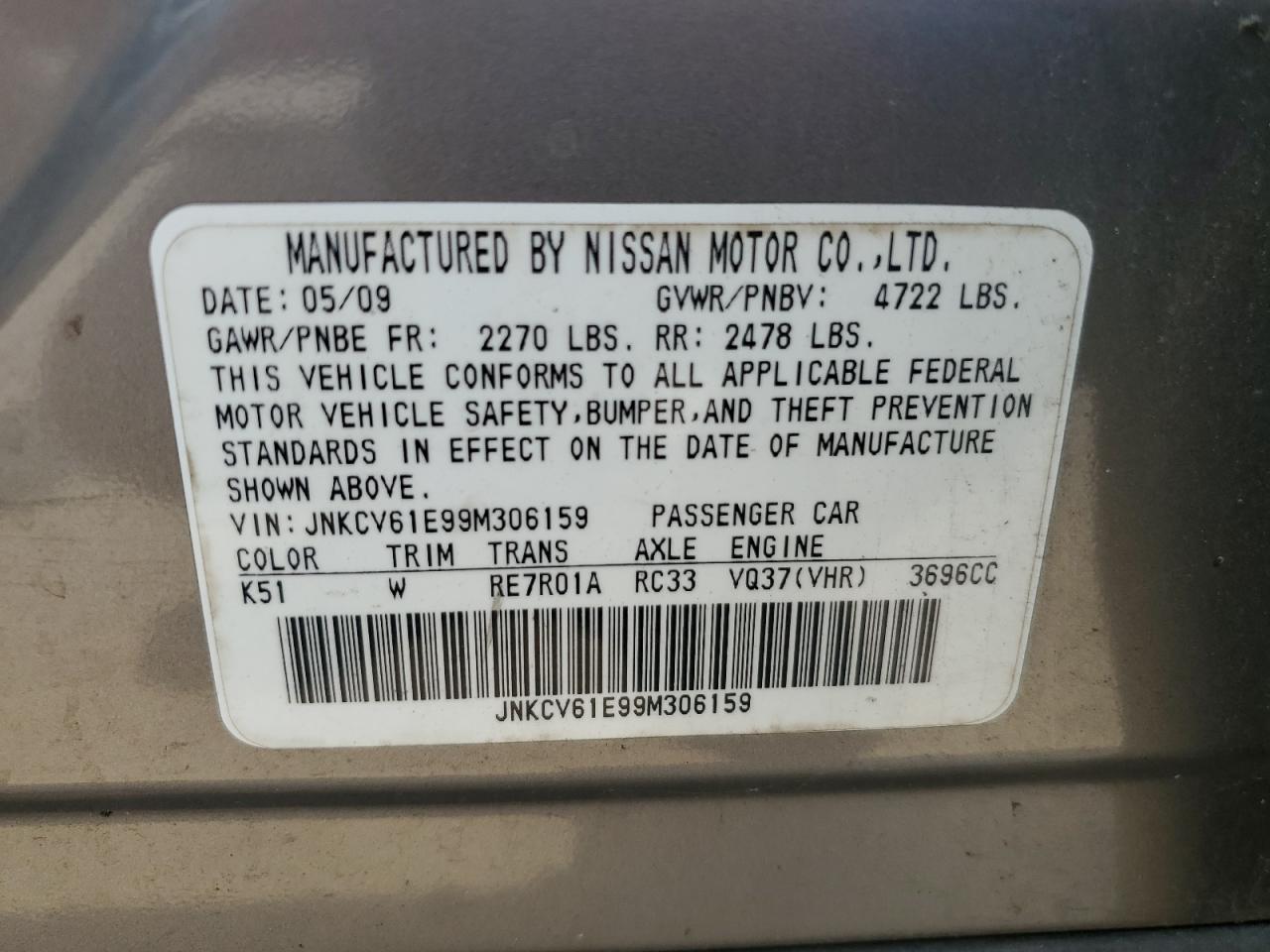 2009 Infiniti G37 Base VIN: JNKCV61E99M306159 Lot: 64846675