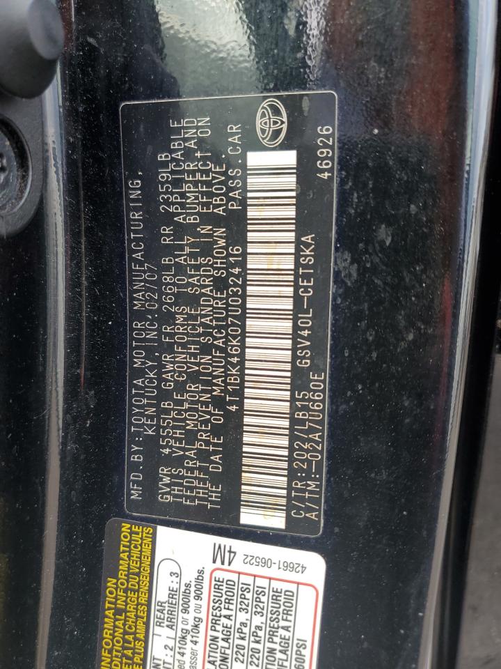 2007 Toyota Camry Le VIN: 4T1BK46K07U032416 Lot: 65433005