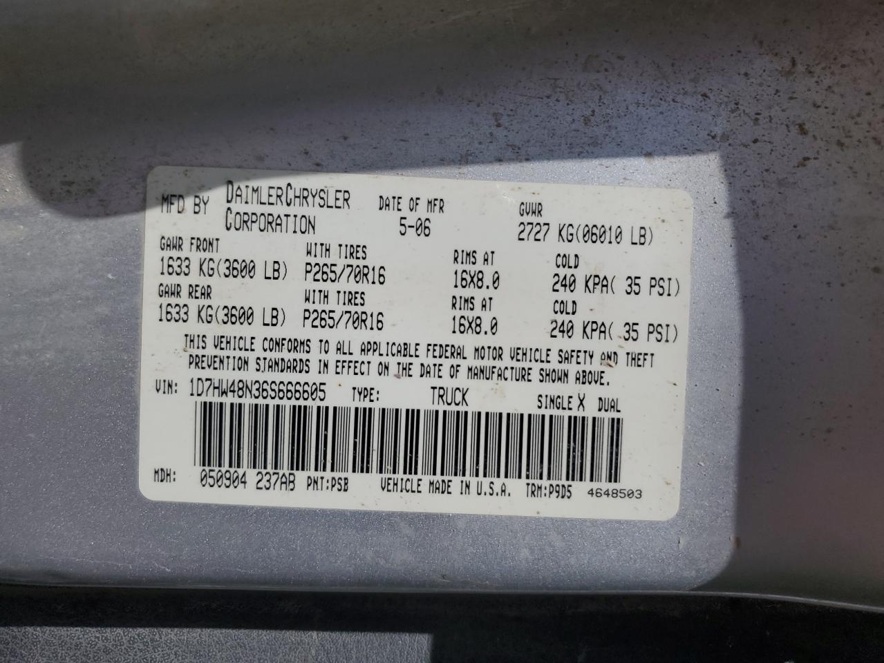 2006 Dodge Dakota Quad Slt VIN: 1D7HW48N36S666605 Lot: 63106415