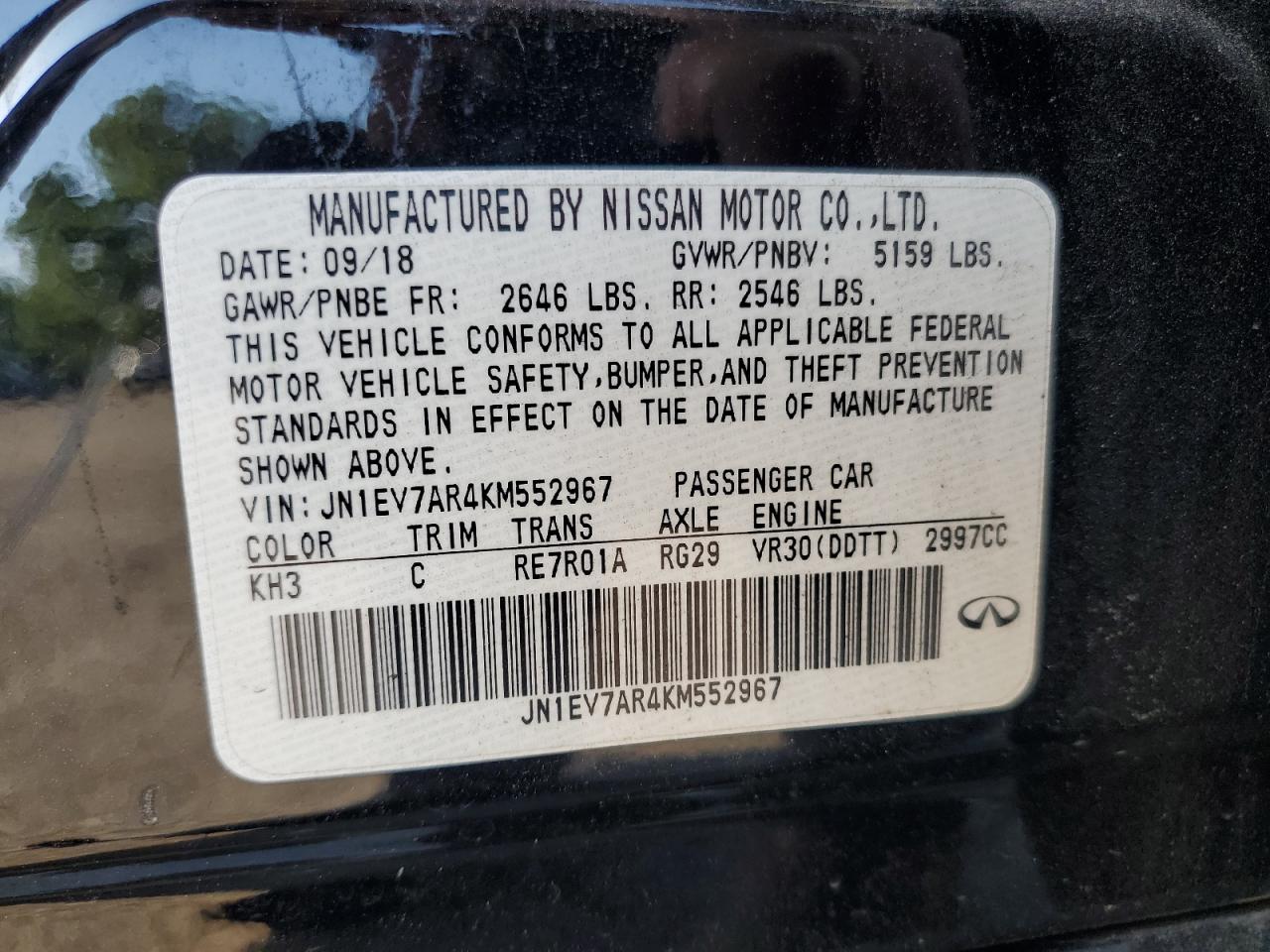 2019 Infiniti Q50 Luxe VIN: JN1EV7AR4KM552967 Lot: 65362955