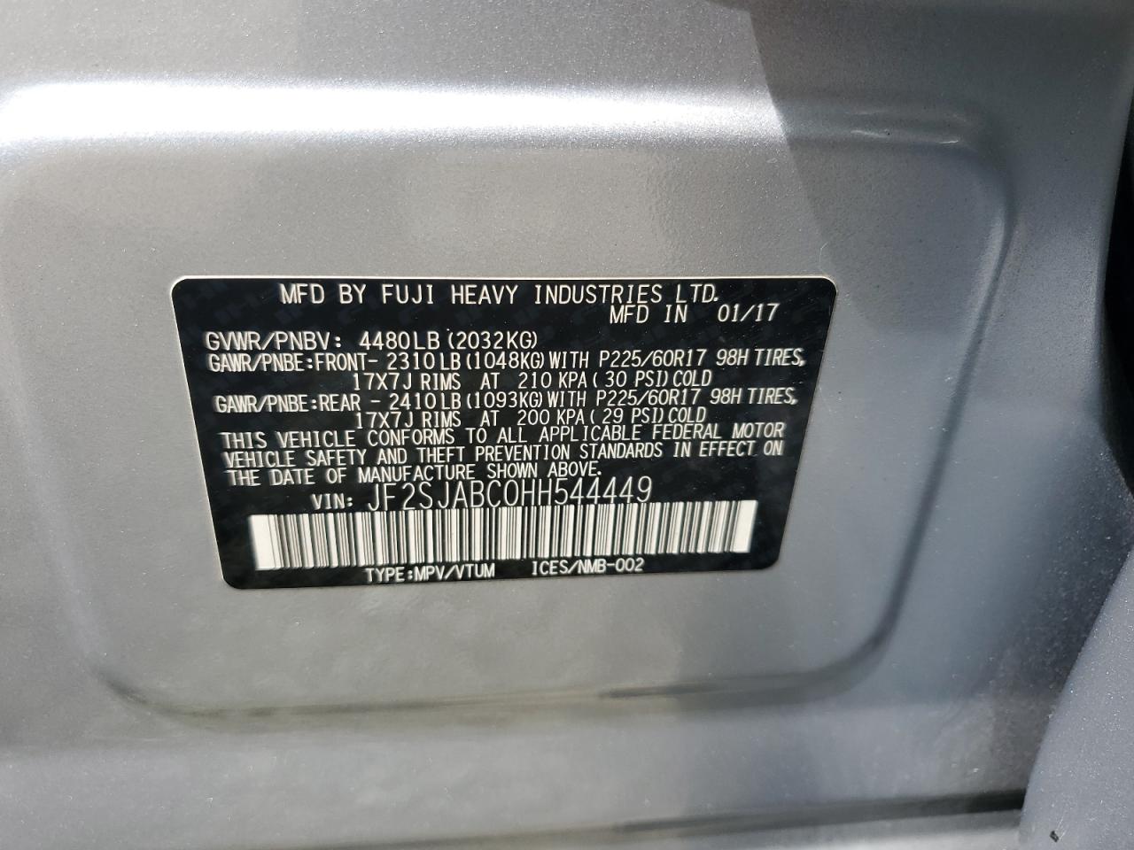 2017 Subaru Forester 2.5I VIN: JF2SJABC0HH544449 Lot: 65364865