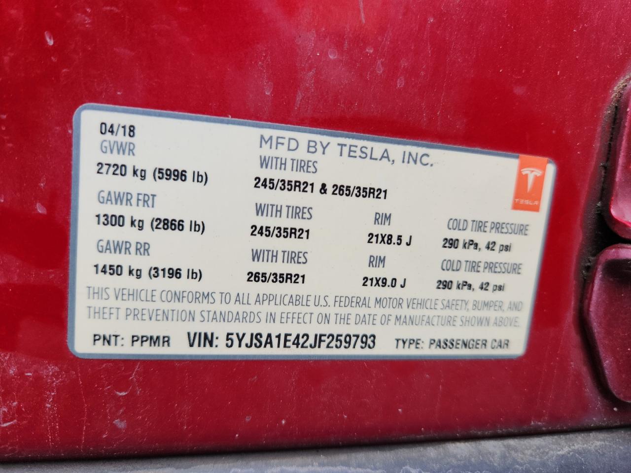 2018 Tesla Model S VIN: 5YJSA1E42JF259793 Lot: 63598775