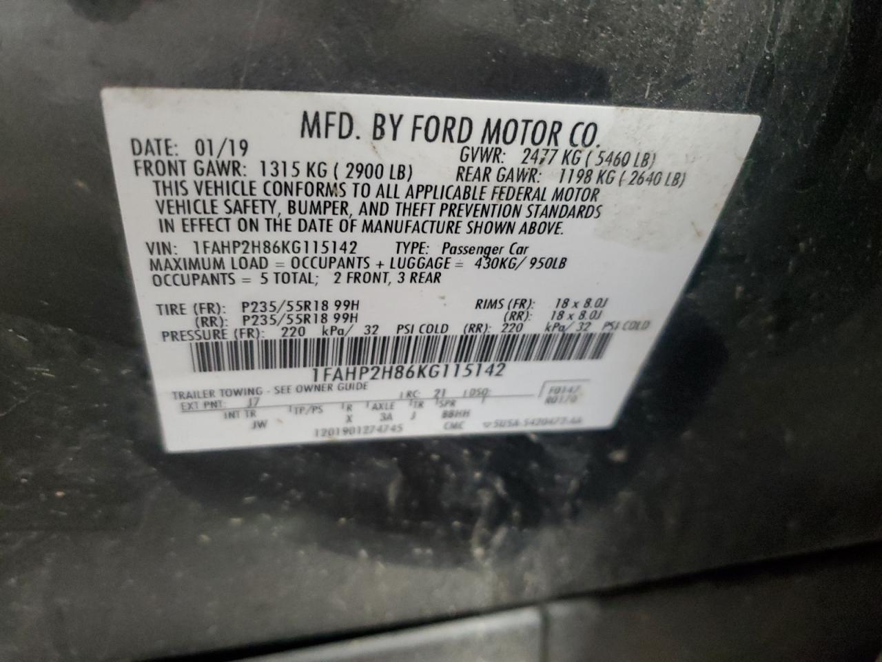 2019 Ford Taurus Sel VIN: 1FAHP2H86KG115142 Lot: 63459855
