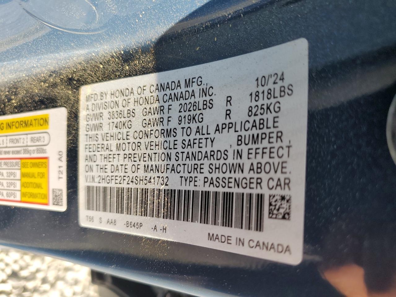 2025 Honda Civic Lx VIN: 2HGFE2F24SH541732 Lot: 66468025