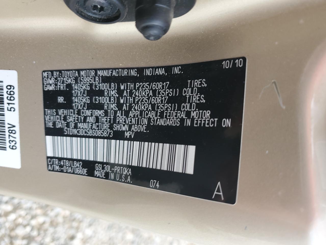 2011 Toyota Sienna Xle VIN: 5TDYK3DC5BS085873 Lot: 65537305