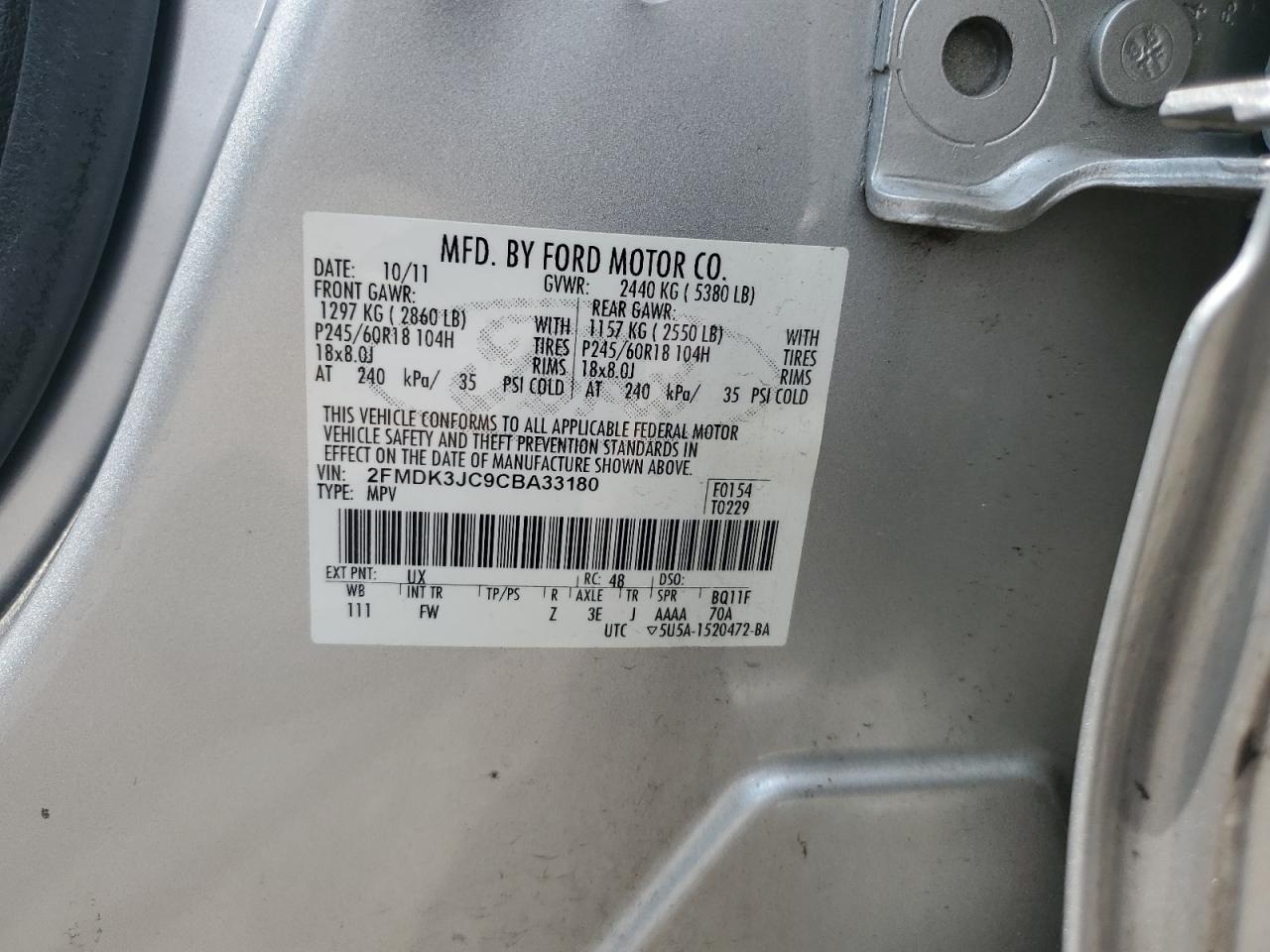 2012 Ford Edge Sel VIN: 2FMDK3JC9CBA33180 Lot: 64371845