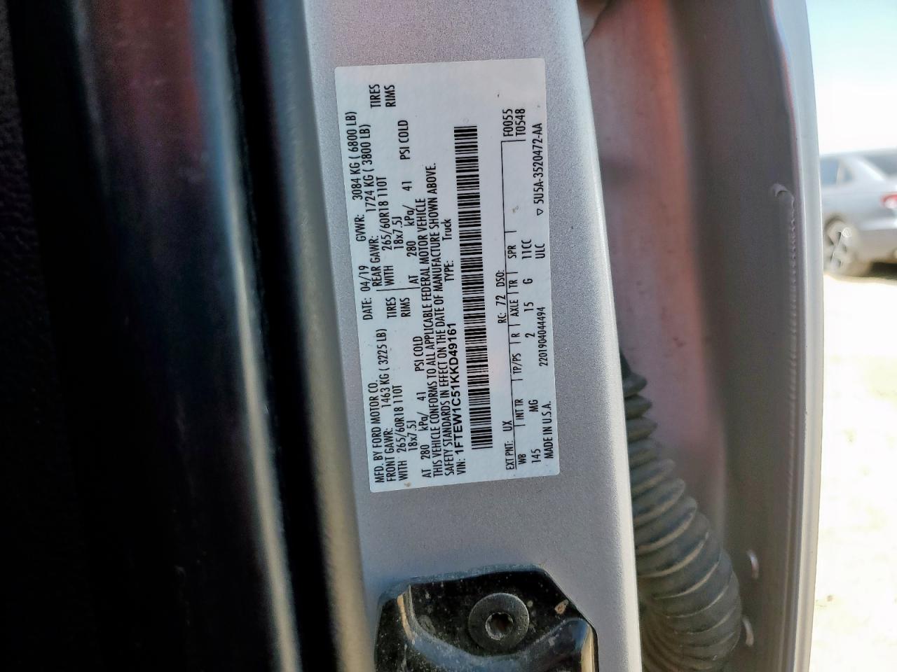 2019 Ford F150 Supercrew VIN: 1FTEW1C51KKD49161 Lot: 64573415