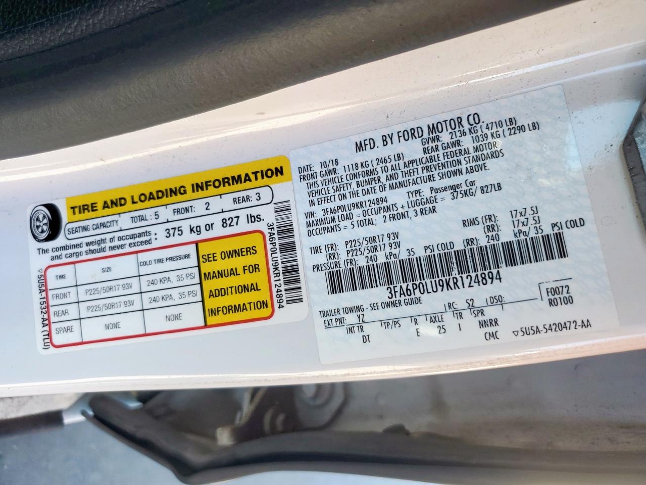 2019 Ford Fusion Se VIN: 3FA6P0LU9KR124894 Lot: 66078145