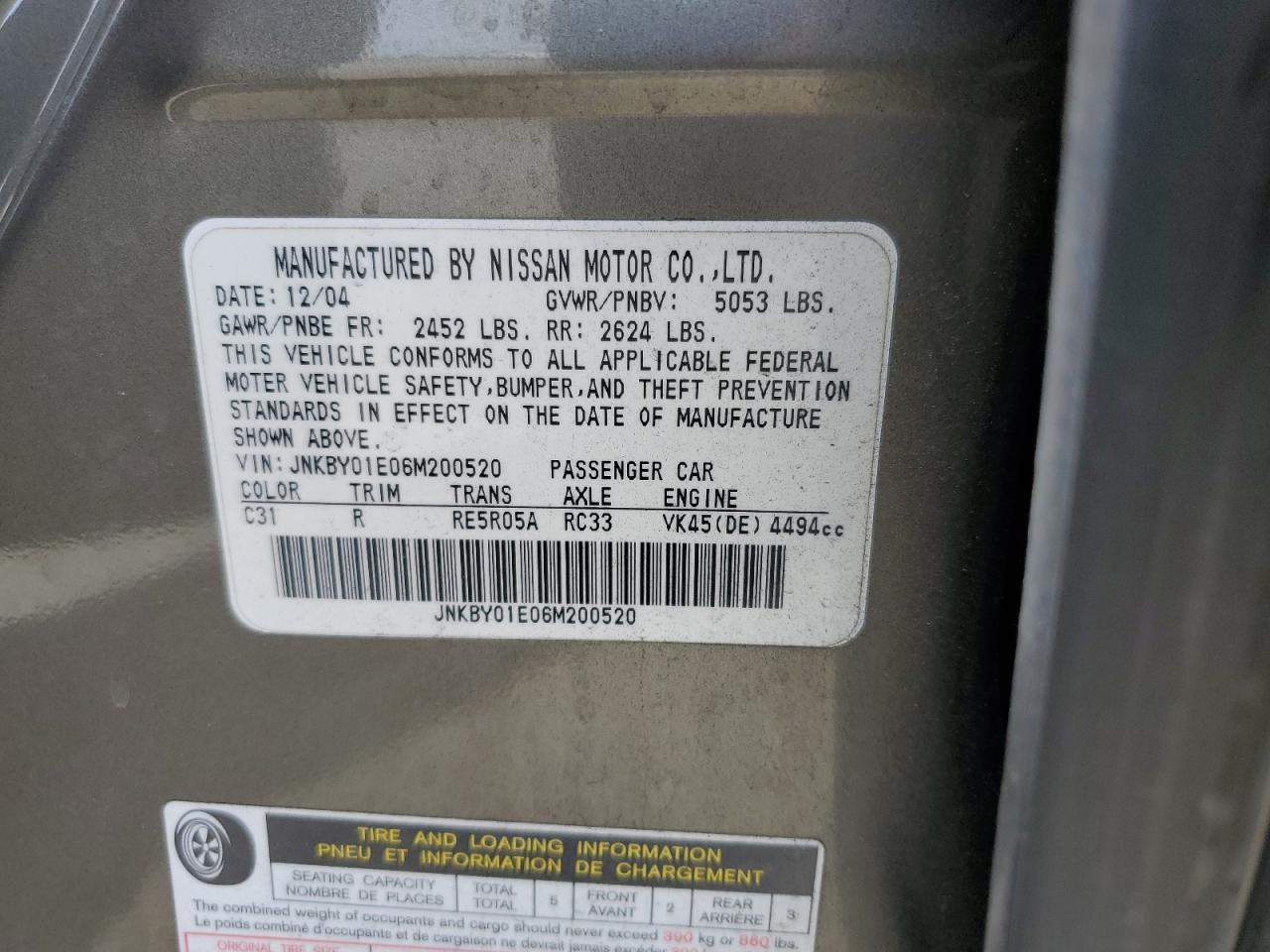 2006 Infiniti M45 Base VIN: JNKBY01E06M200520 Lot: 63673975