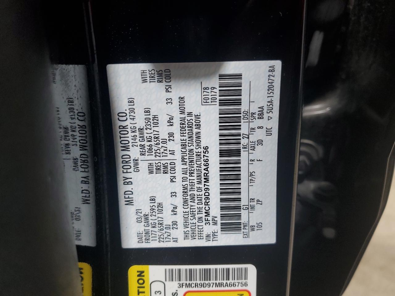 2021 Ford Bronco Sport Badlands VIN: 3FMCR9D97MRA66756 Lot: 64540855