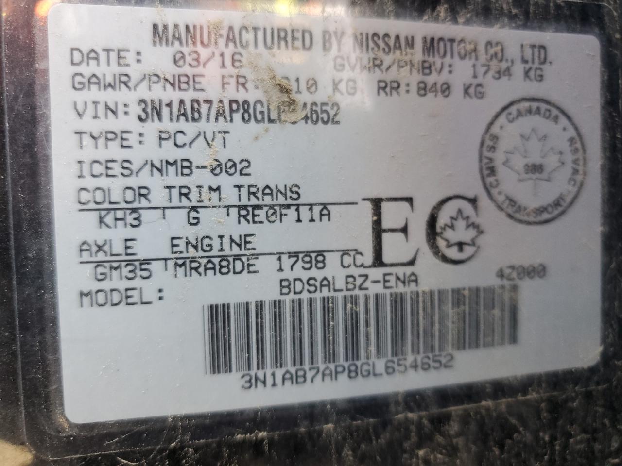 2016 Nissan Sentra S VIN: 3N1AB7AP8GL654652 Lot: 63668085