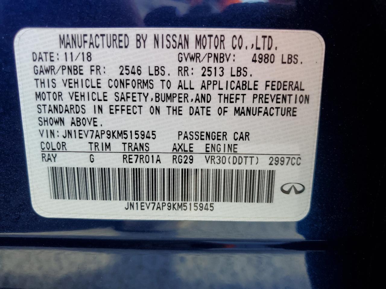 2019 Infiniti Q50 Luxe VIN: JN1EV7AP9KM515945 Lot: 66956215