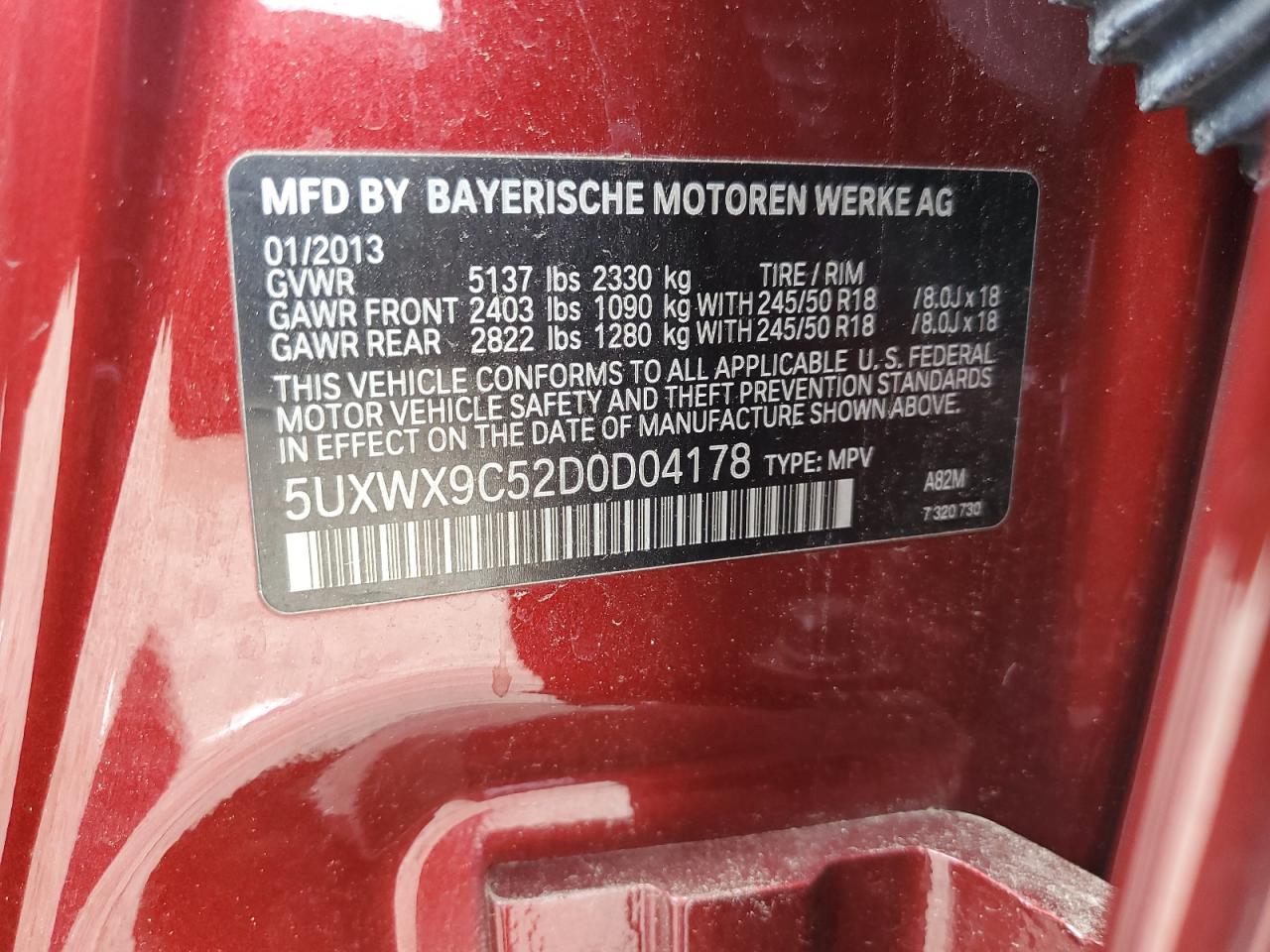 2013 BMW X3 xDrive28I VIN: 5UXWX9C52D0D04178 Lot: 63938595