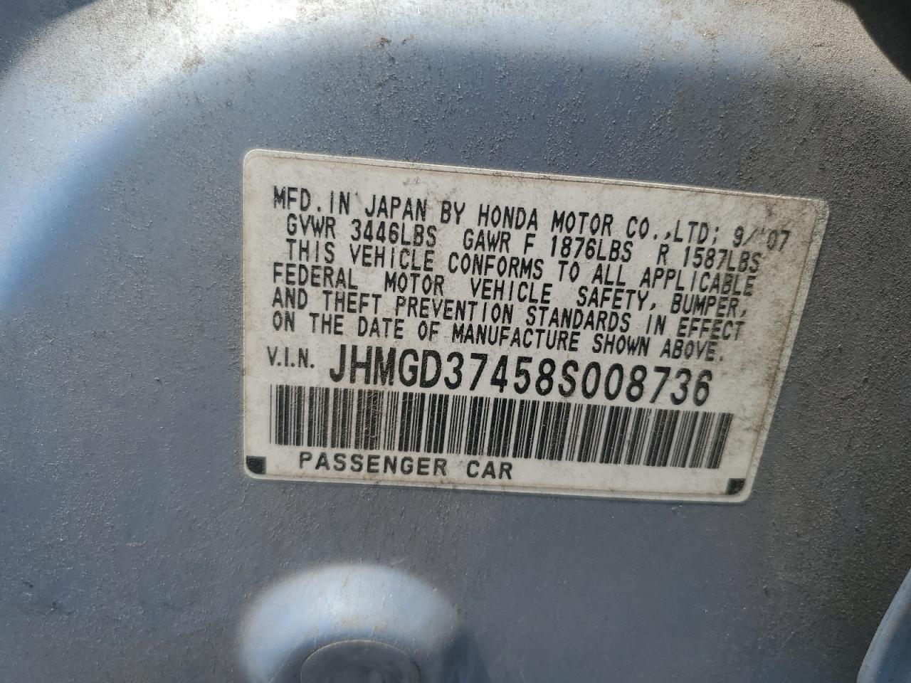 2008 Honda Fit VIN: JHMGD37458S008736 Lot: 64775095