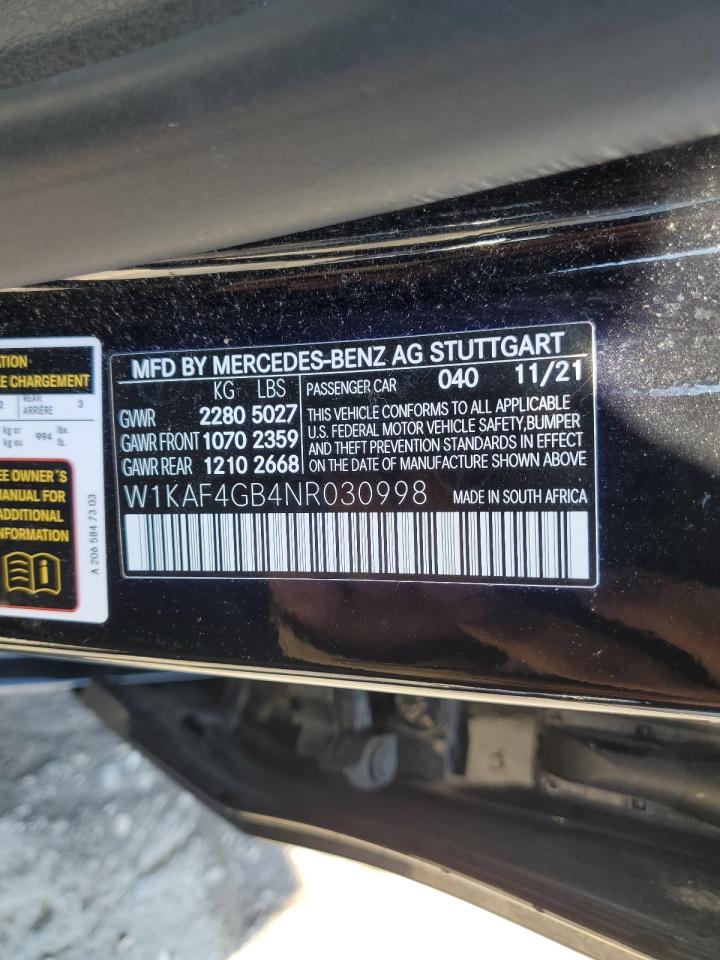 2022 Mercedes-Benz C 300 VIN: W1KAF4GB4NR030998 Lot: 63456355